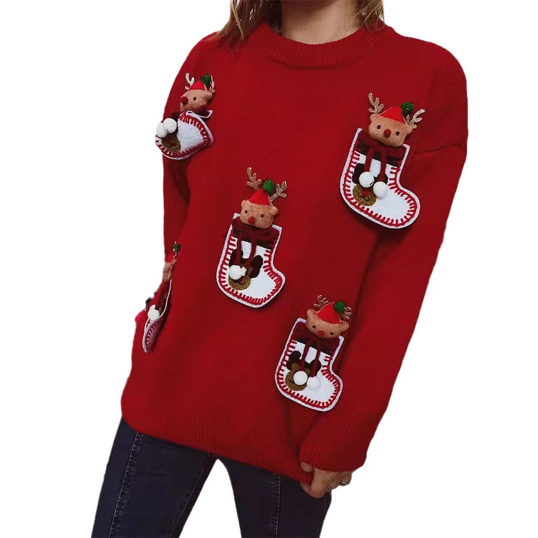 Damen Weihnachts-Strickpullover mit festlichem Rentier-Motiv und 3D-Details EB