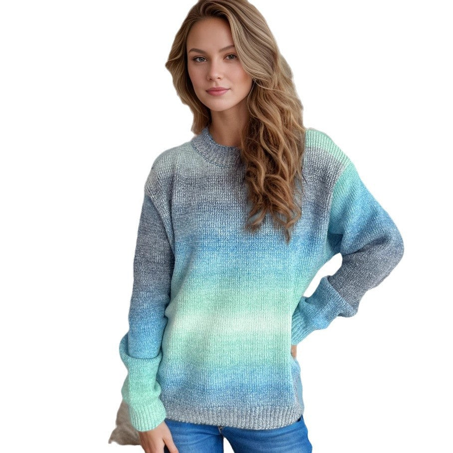 Damen lässiger Pullover mit sanften Farbverlauf und Rundhalsausschnitt EB