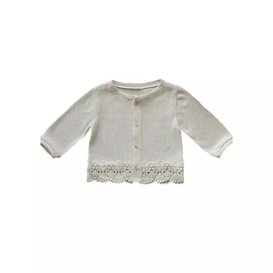 Mädchen Nan zarte Spitzenbesatz leichte Strick kurz geschnittene Strickjacke EB