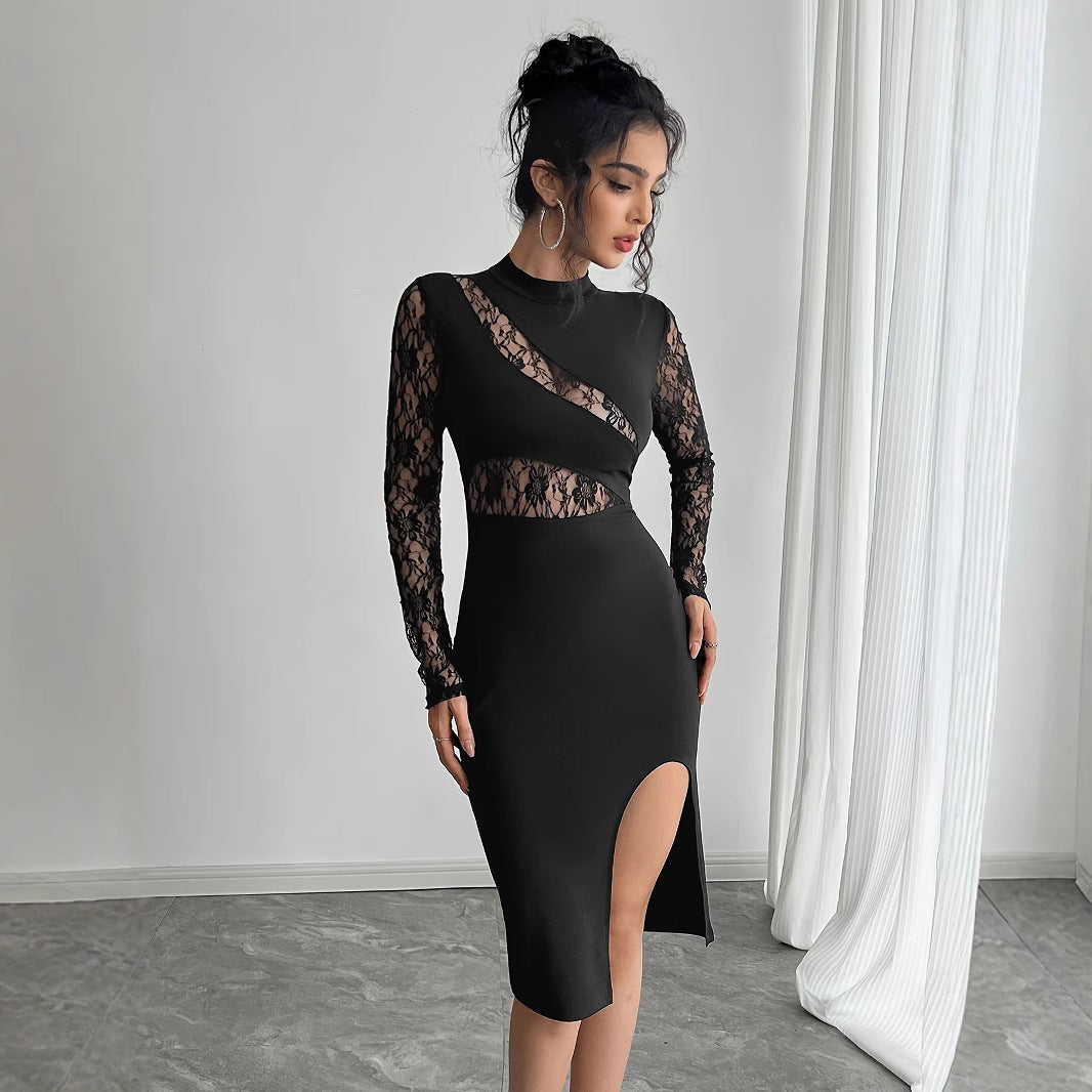 Damen Elegantes Spitzenkleid mit hoher Taille und raffinierten Cut-Outs EB