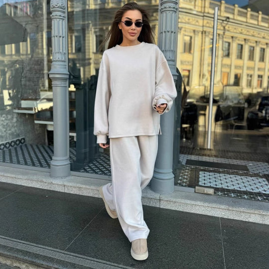 Damen Weiches Oversized-Strick-Loungewear-Set mit legerem Rundhals-Pullover und weiter Komforthose EB