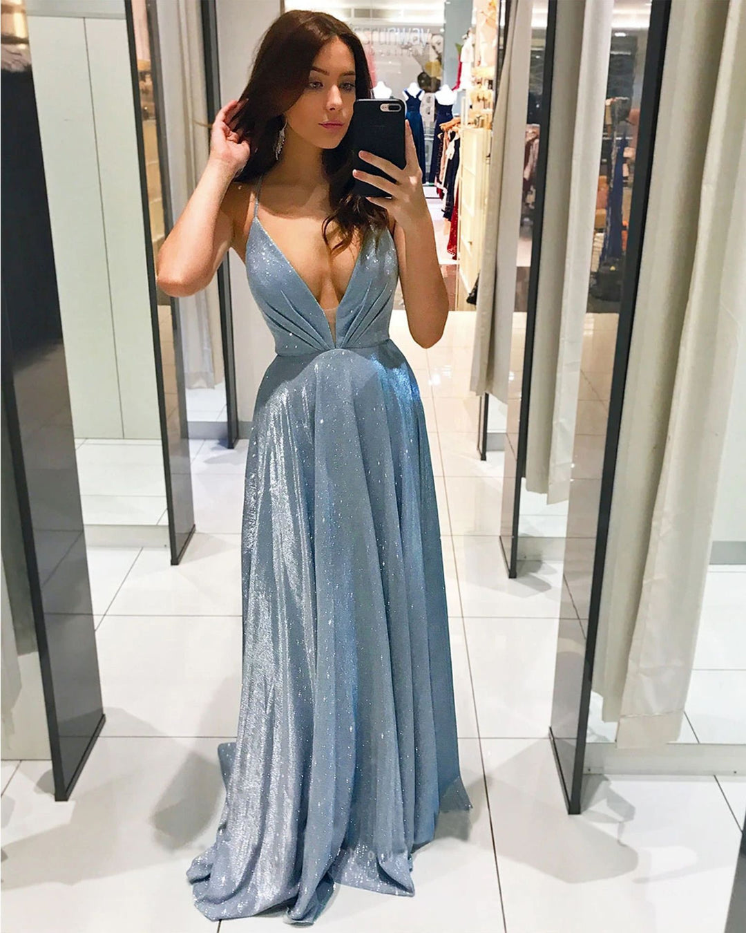 Damen Glamouröses Abendkleid mit tiefem V-Ausschnitt und funkelnden Details EB
