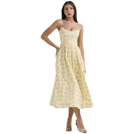 Damen Midi-Blumenkleid mit trägerlosem Stil und schwingendem Rock EB