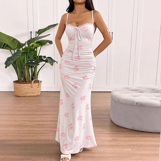 Damen Maxikleid mit zarten Rüschendetails und floralem Mustermix EB