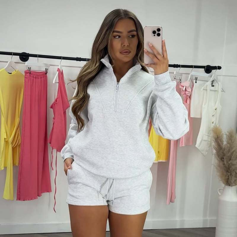 Damen nan lässiges Sweatshirt-Set mit halbem Reißverschluss, Kängurutasche und High-Waist-Shorts EB