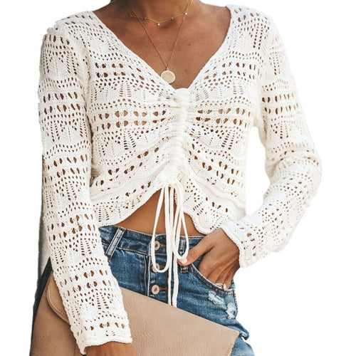Damen Strickbluse mit dekorativem Lochmuster und verstellbarem Kordelzug EB
