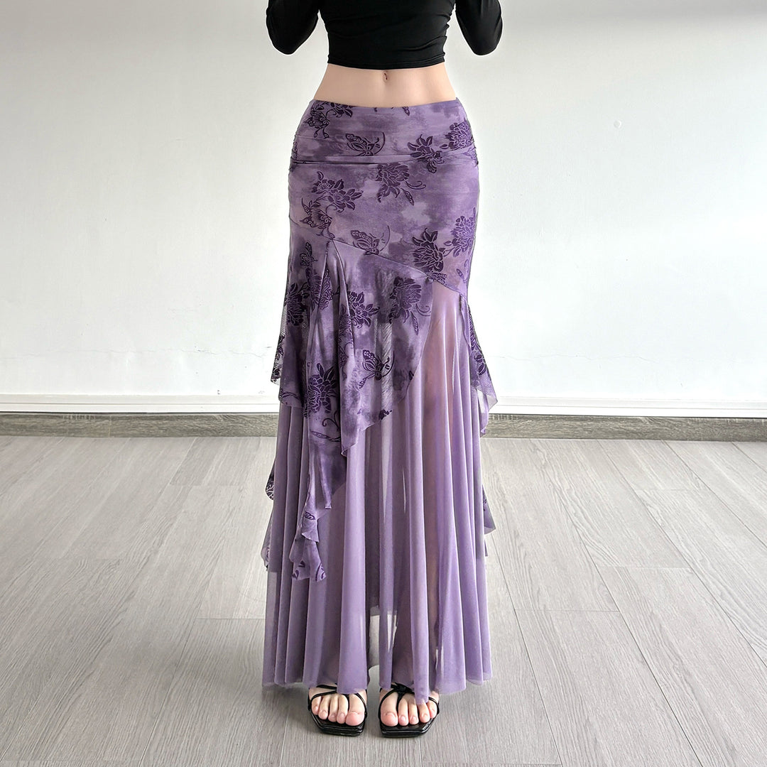 Damen Maxi-Rock mit floralem Design und asymmetrischem Schnitt EB