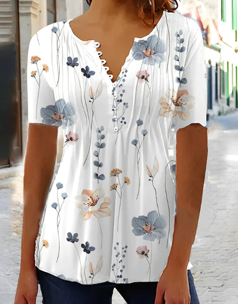 Damen nan leichtes V-Ausschnitt Blusenshirt mit Zierknopfleiste und dezent plissierter Vorderpartie EB
