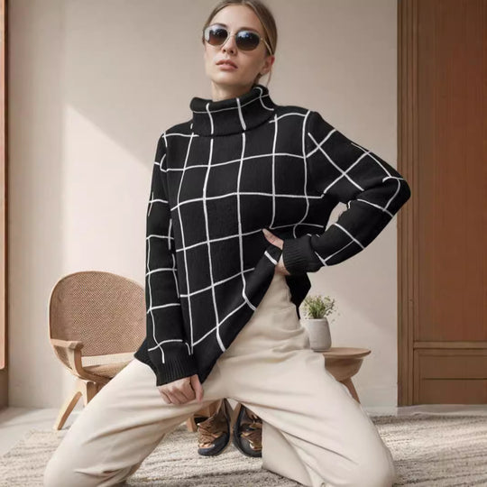 Damen Grobstrickpullover mit modernem Karomuster und hohem Kragen EB