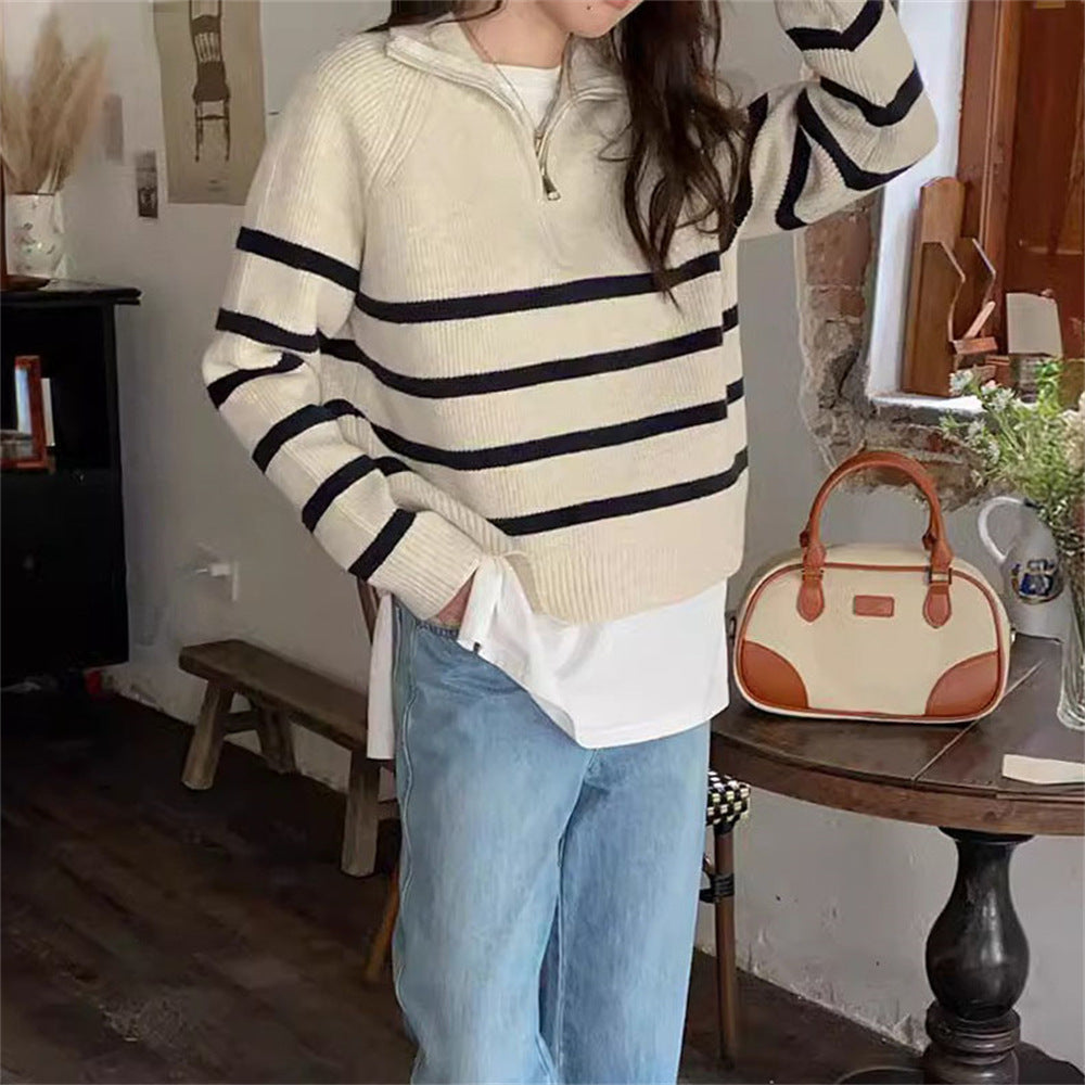 Damen Modischer Strickpullover mit Zip und gestreiftem Design EB