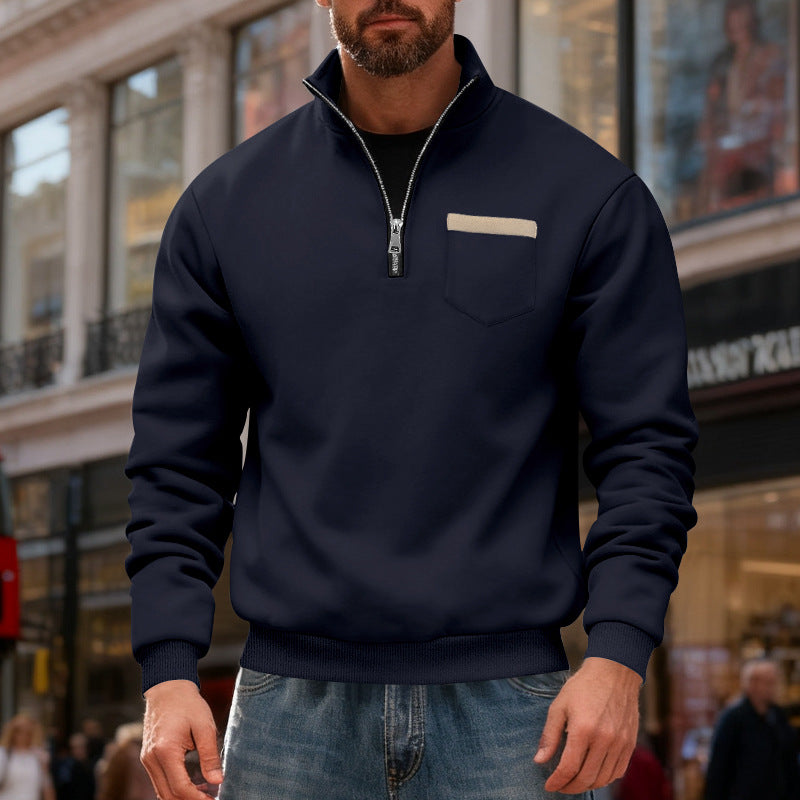 Herren nan Sweatshirt mit halbem Reißverschluss Stehkragen und Brusttasche EB