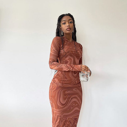Damen Elegantes Maxikleid mit modernem Marmormuster und figurbetontem Schnitt EB