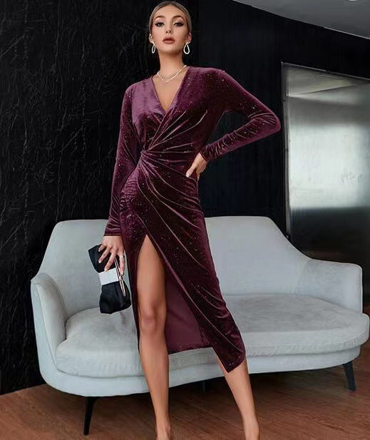 Damen Phantasievolles Wickelkleid aus luxuriösem Samtstoff mit eleganter Glitzerüberzugg EB