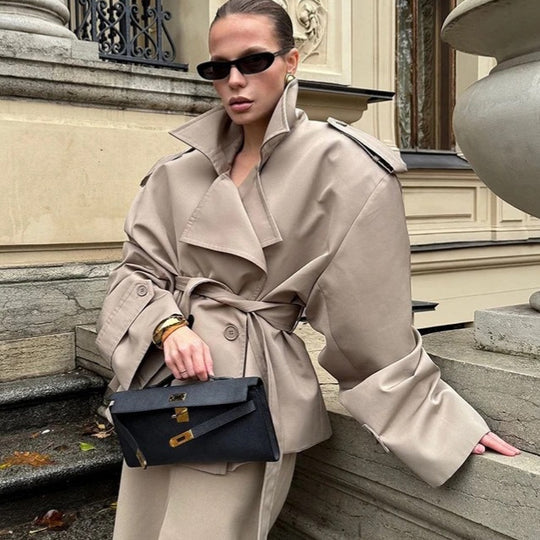 Damen nan kurze Trenchcoat-Jacke mit Taillengürtel und Doppelreiher EB