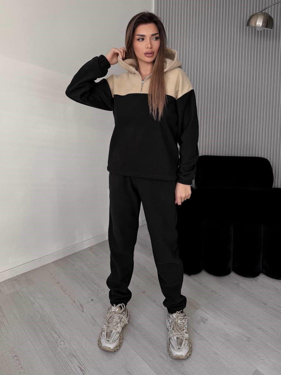 Damen Zweiteiliges Farbblock-Loungewear-Set mit halbem Reißverschluss und schmaler Jogginghose EB