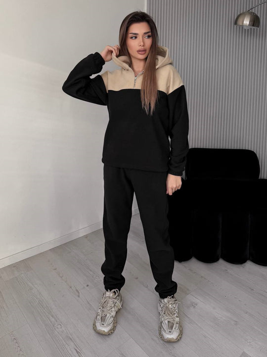 Damen Zweiteiliges Farbblock-Loungewear-Set mit halbem Reißverschluss und schmaler Jogginghose EB