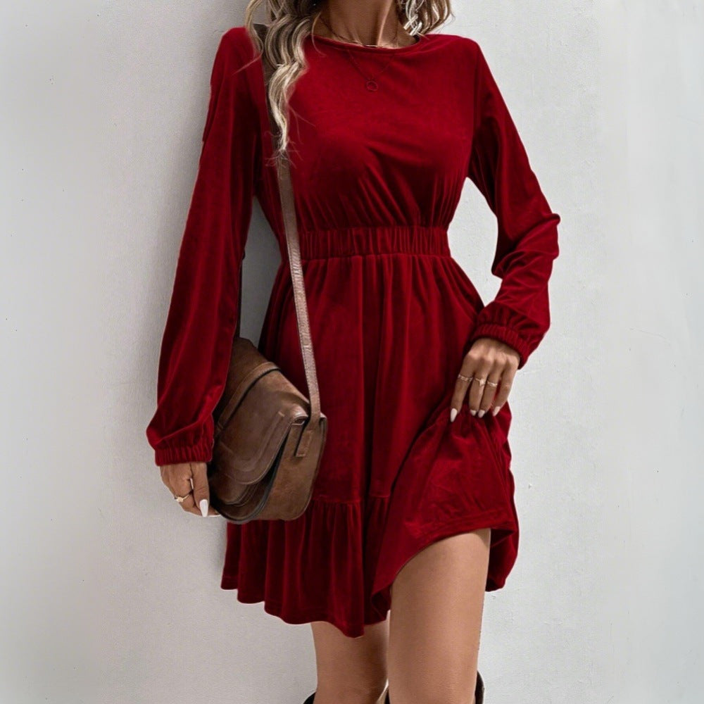 Damen Samt‑Minikleid mit elastischer Taillennaht und stufigem Volantrock Eichborn Berlin