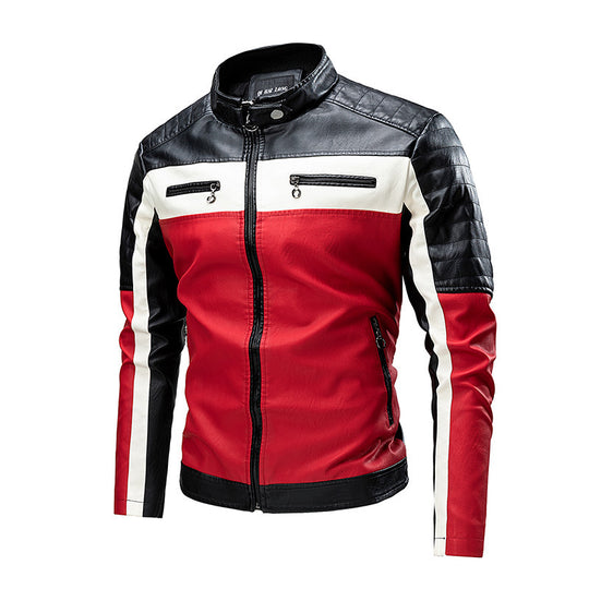 Herren Biker-Lederjacke im Retro-Rennstil mit Stehkragen und Kontraststreifen EB