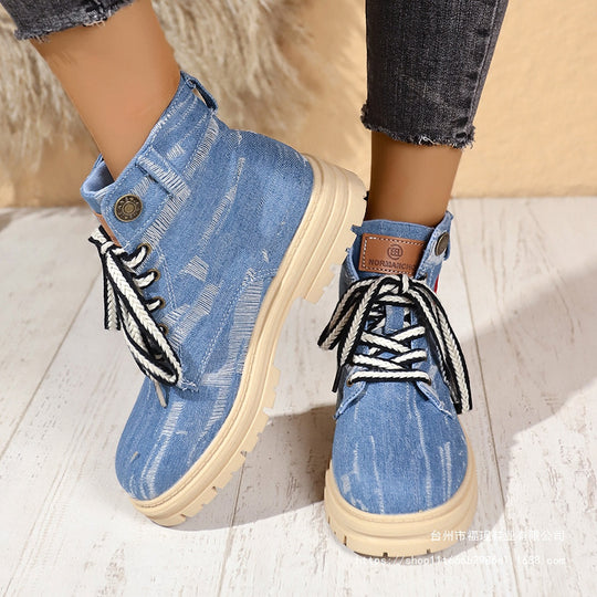 Damen Modische Schnürstiefeletten mit floralem Stickmuster und rutschfester Sohle EB