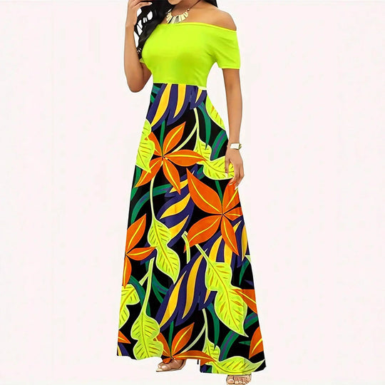 Damen Off-Shoulder Maxikleid mit floralem Design und elastischem Taillenband EB