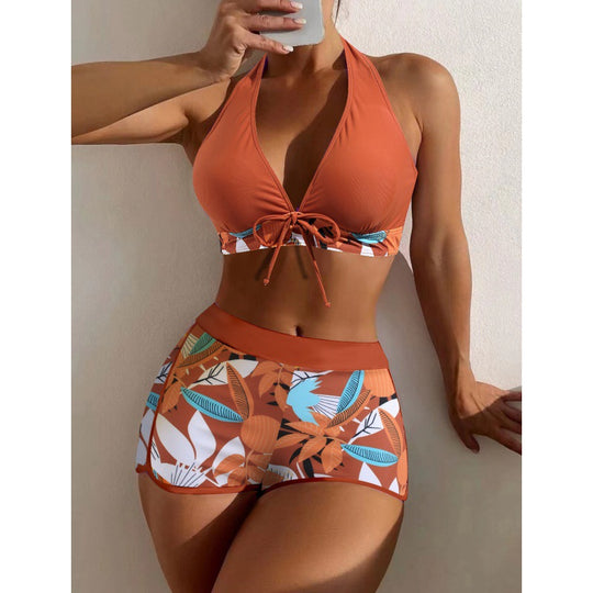 Damen Hochgeschlossen Bikini mit verspieltem Blumenmuster EB