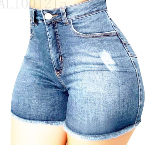 Damen Hoch taillierte Denim-Shorts mit fransigem Saum und figurschmeichelndem Schnitt EB