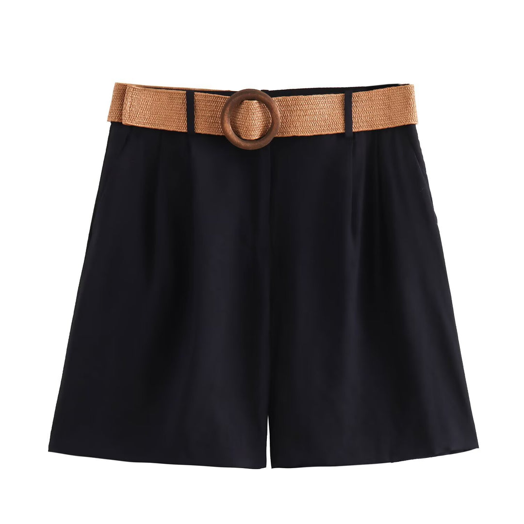 Damen elegante Shorts mit breitem, geflochtenem Gürtel EB