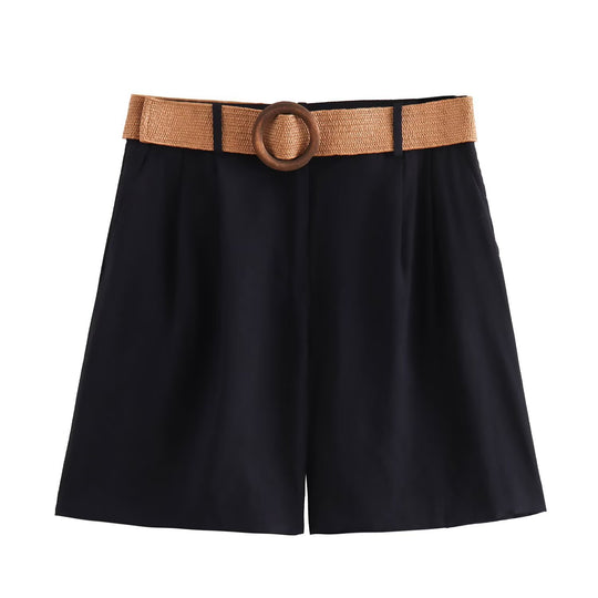 Damen elegante Shorts mit breitem, geflochtenem Gürtel EB