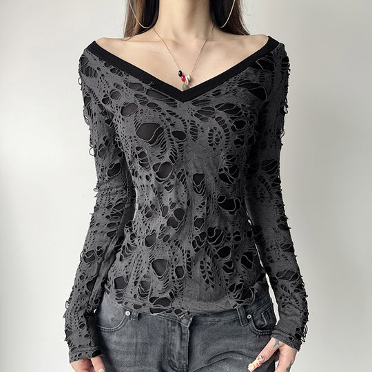 Damen nan transparentes Distressed-Spitzenshirt mit V-Ausschnitt, langärmeligem Layer-Look und innenliegendem Cami EB