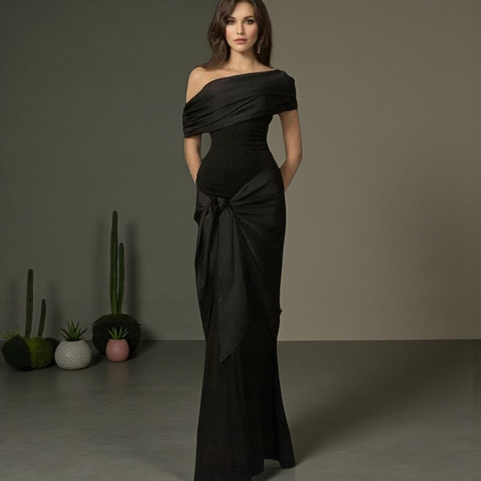 Damen Langarm Maxikleid mit asymmetrischem Schnitt und dekorativen Drapierungen EB