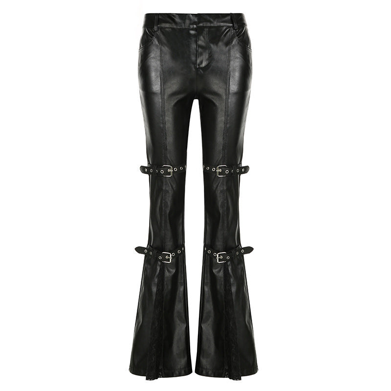 Damen Modische Kunstleder Flared Hose mit verstellbarem Bund EB