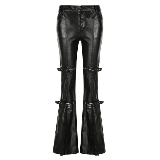 Damen Modische Kunstleder Flared Hose mit verstellbarem Bund EB