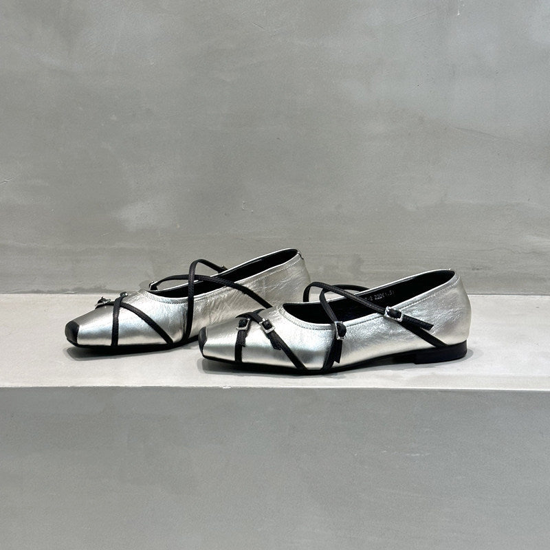 Damen elegante Ballerinas mit modischen Riemchen und exquisite Schnallenverzierung EB