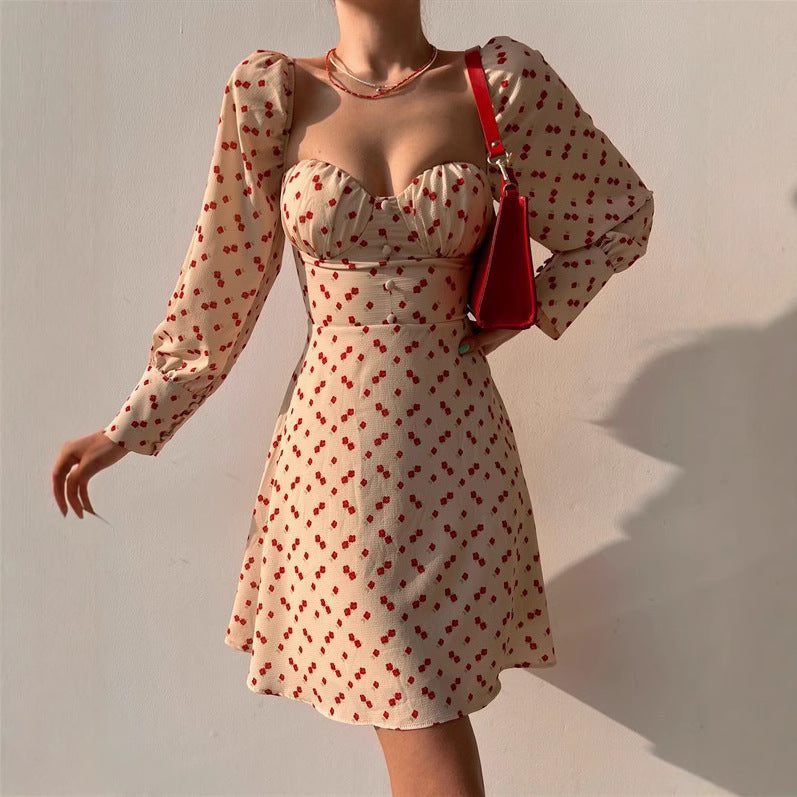 Damen Puffärmel Kleid mit romantischem Blumenmuster und herzförmigem Ausschnitt EB
