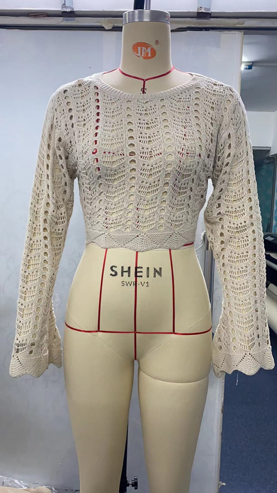 Damen gehäkeltes Crop-Top mit weitem Ärmel und lockerer Passform EB