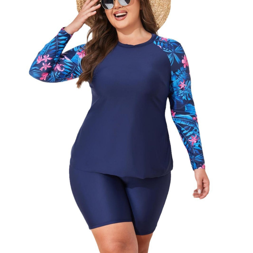 Damen UV-Schutz Surfanzug Set mit langen Ärmeln und farbenfrohem Blattmuster EB