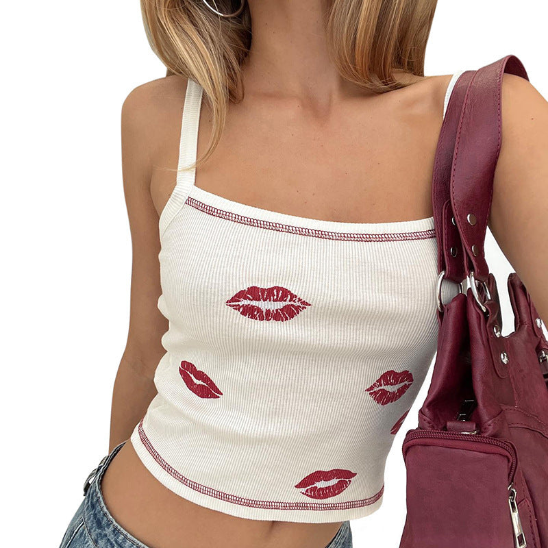 Damen Trägershirt mit grafischem Lippenmuster und figurbetontem Schnitt EB