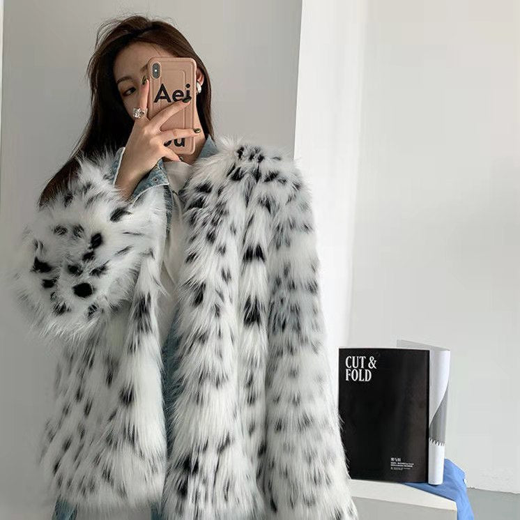 Damen Trendige Kunstfelljacke mit auffälligem Muster und voluminösem Schnitt EB