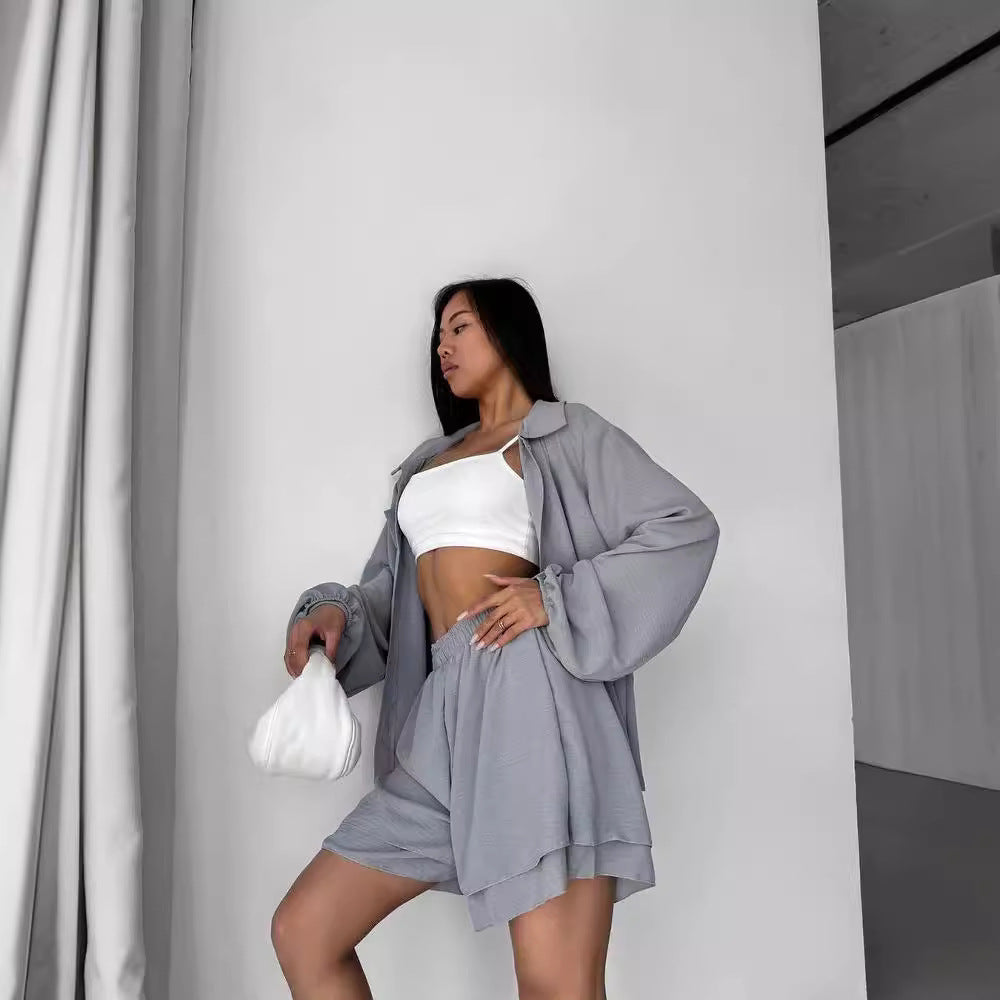 Damen Entspanntes Shorts-Set mit Oversized Hemd EB