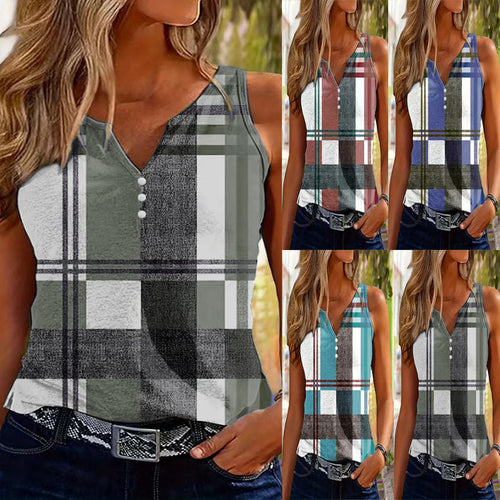 Damen ärmelloses V-Neck Top mit dekorativem Knopfdetail und modernem Karomuster EB