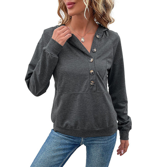 Damen lässiger Kapuzenpullover mit Knopfleiste und Raglanärmeln EB