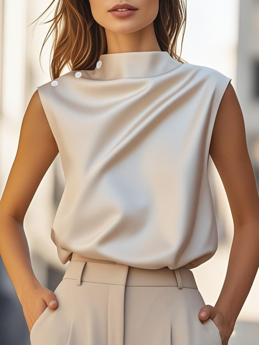 Damen Elegantes Satin-Oberteil mit schickem Stehkragen und feinen Knopfdetails EB