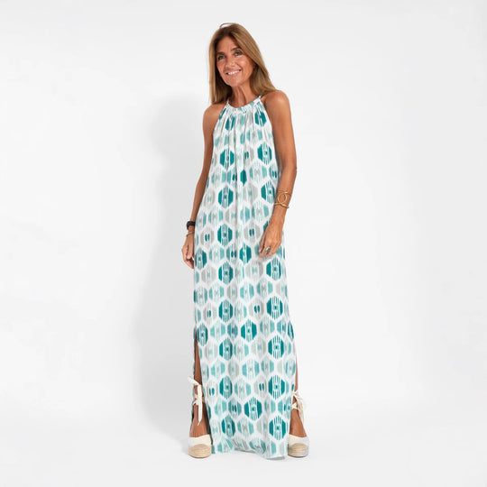 Damen Langes Leinenkleid mit schulterfreier Trägerkonstruktion und flirtendem Schlitz EB