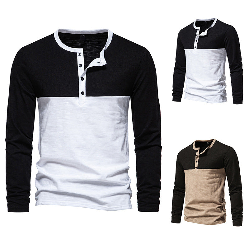 Herren Langarm-Henley-Shirt mit kontrastierenden Ärmeln und stilvollem Knopfdesign EB