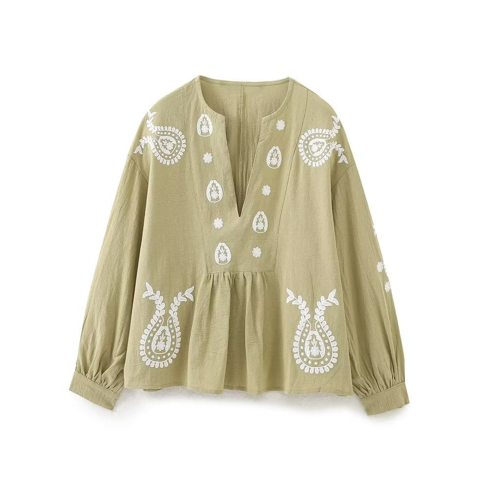 Damen nan bestickte Tunika-Bluse mit Paisley-Stickereien, V-Ausschnitt und voluminösen Ballonärmeln EB