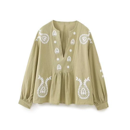 Damen nan bestickte Tunika-Bluse mit Paisley-Stickereien, V-Ausschnitt und voluminösen Ballonärmeln EB