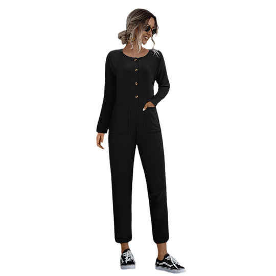 Damen lässiger Jumpsuit mit praktischen Taschen und elegantem Knopfdesign EB