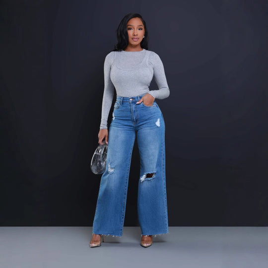 Damen Weit geschnittene Jeans mit stylishen Distressed-Details EB