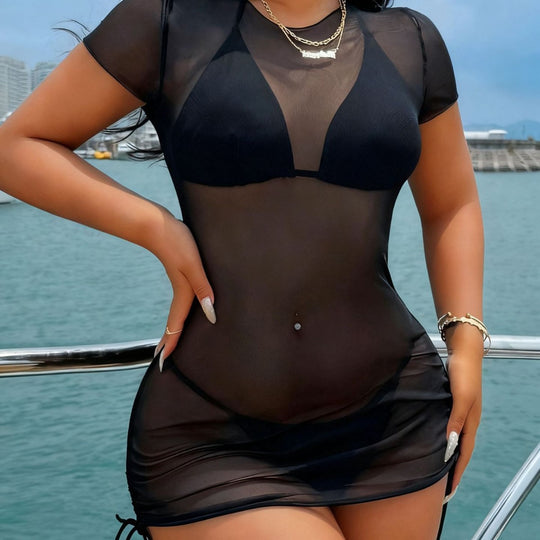 Damen Strandkleid mit transparentem Oberteil und verstellbarem Kordelzug EB