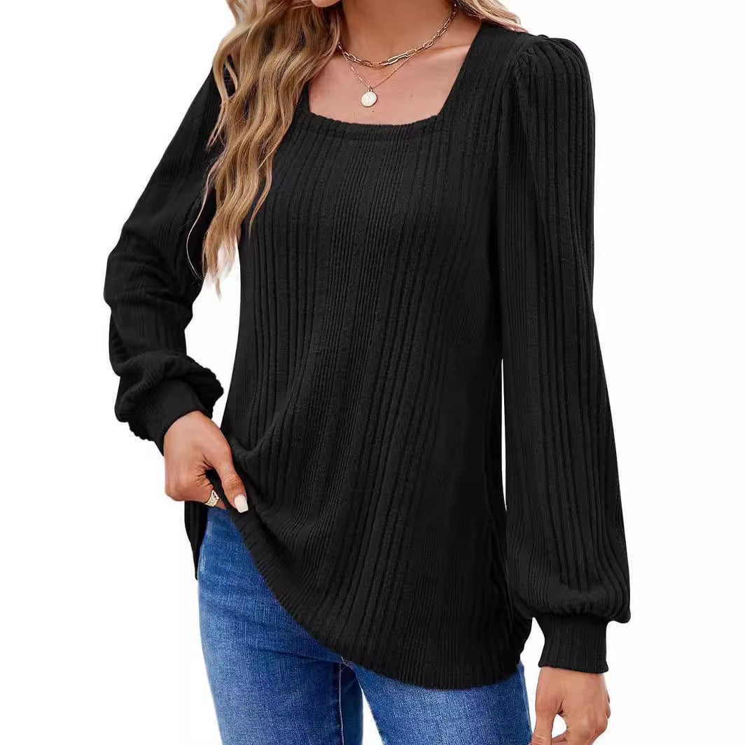 Damen modischer Pullover mit strukturiertem Rippmuster und Puffärmeln EB
